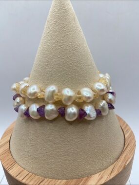 Freshwater Pearl Amethyst Citrine Beaded Stretch Bracelet White Cream Size Small